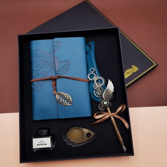Divit Kalem Ve Mavi Vintage Tasarım Deri Defter Öğretmene Hediye