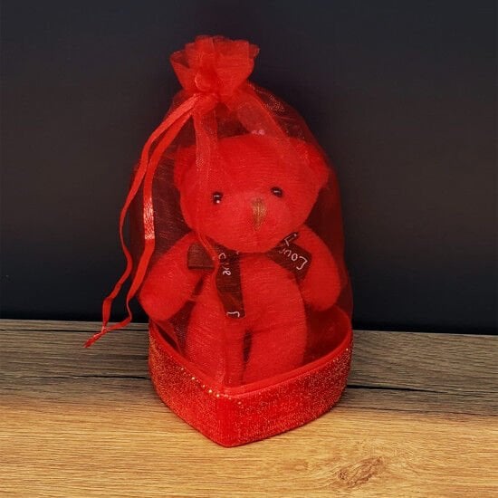 Sevgiliye Hediye Kırmızı Tüllü Kese Ve Sevimli Ayıcık