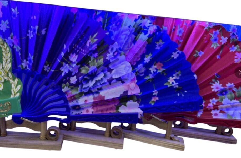 Plastik Çiçek Desenli Renkli Kumaş Yelpaze (12 Adet)