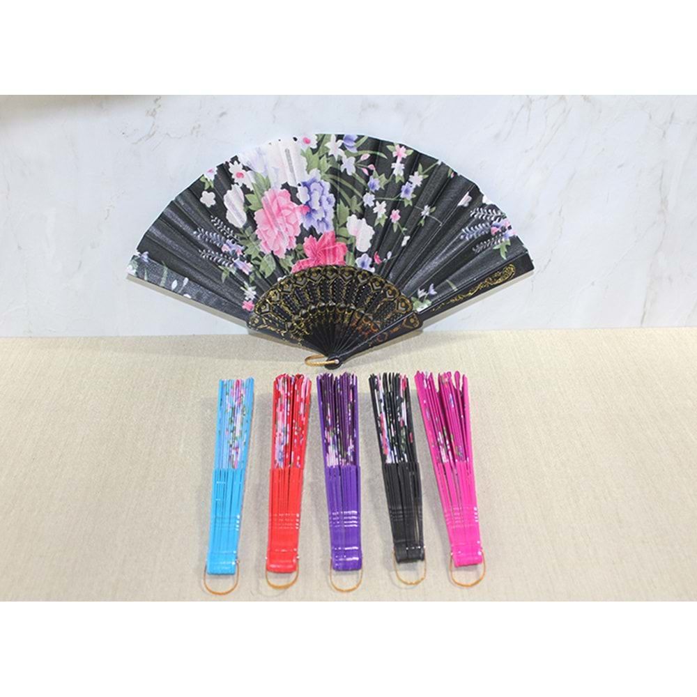 Plastik Saplı Renkli Çiçekli Kumaş Yelpaze(12 Adet)