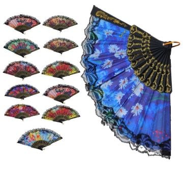 Plastik Rengarenk Dantelli Çiçekli Desenli Yelpaze (12 Adet)