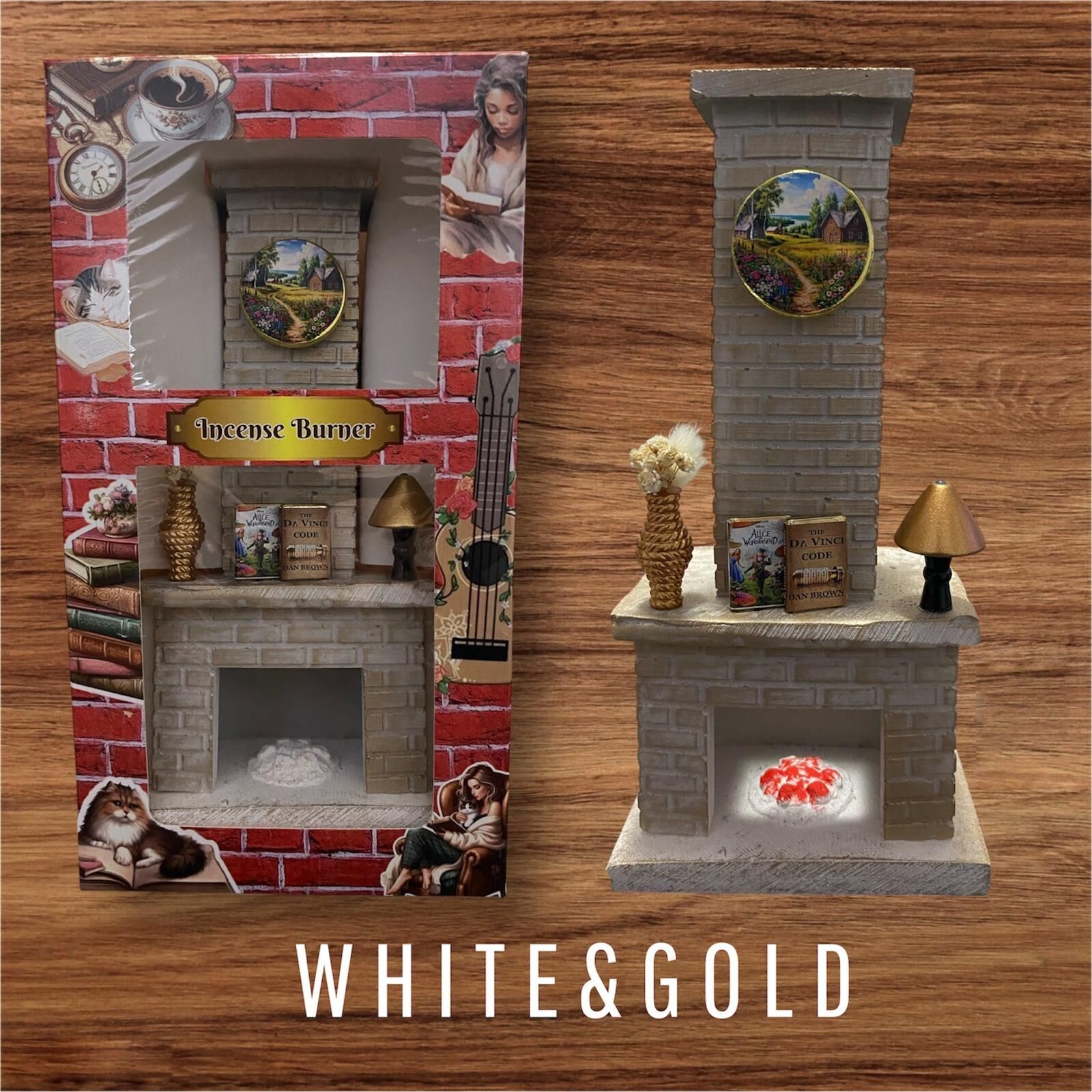 Dekoratif Polyester Şömine Tasarımlı Konik Tütsülük White Gold