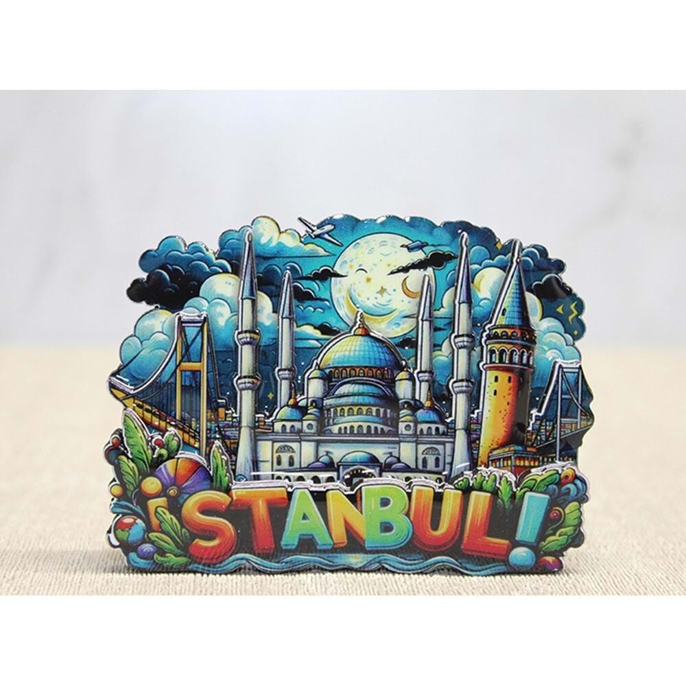 İstanbul Gece Gündüz Manzaralı Ahşap Magnet  Açacak (9.5cmx9 cm)