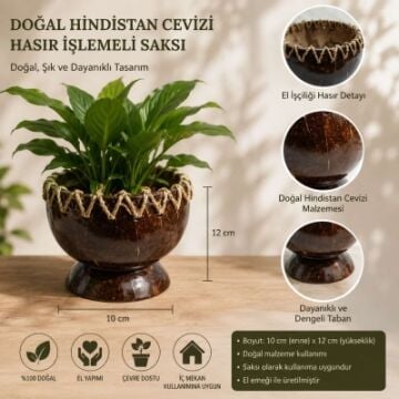 Doğal Hindistan Cevizi El Yapımı Hasır Saksı Çiçeklik Kase