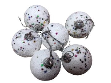 Simli Beyaz Kartopu Yılbaşı Çam Ağacı Süsü (6 Adet)