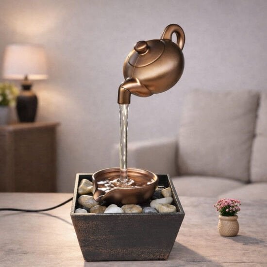 Dekoratif Çaydanlıktan Akan Su Şelalesi Gold