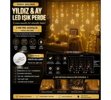 8 Fonksiyon Dekoratif Ay ve Yıldız Perde Led (3 mt)