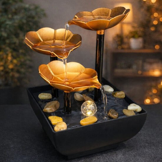 3 Katlı Yaprak Tasarımlı Dekoratif Su Şelalesi Gold