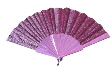 Plastik Saplı Kumaş Yelpaze Simli Pembe (12 Adet)