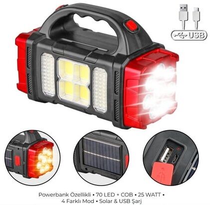 Güneş Enerjili Solar Şarjlı Kamp El Feneri Işıldak