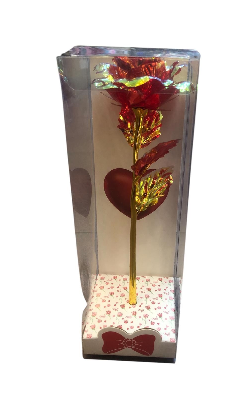 Sevgiliye Hediye Kalpli Gold İşlemeli Kırmızı Gül