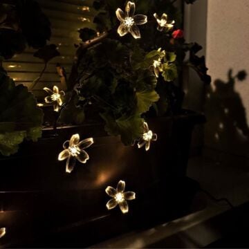50 LED Kiraz Çiçeği Solar Işık Zinciri  Gün Işığı 8 Fonksiyonlu (5 mt)