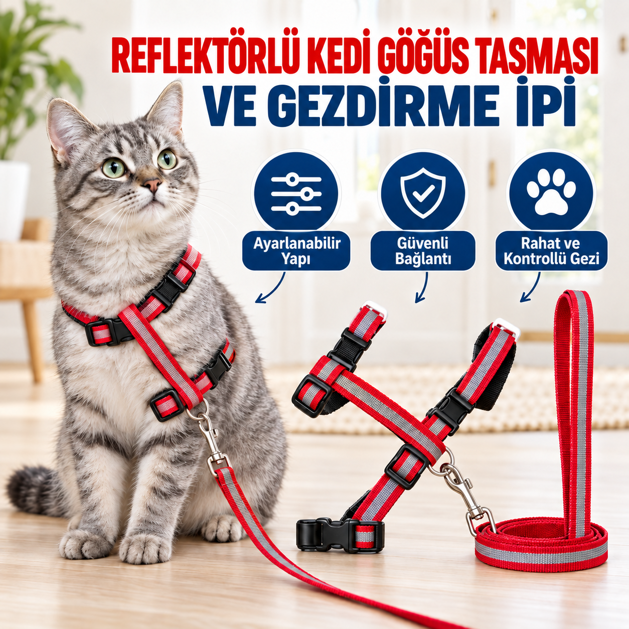 Reflektörlü Ayarlanabilir Kedi Göğüs Tasması ve Gezdirme Kayışı 10 Adet