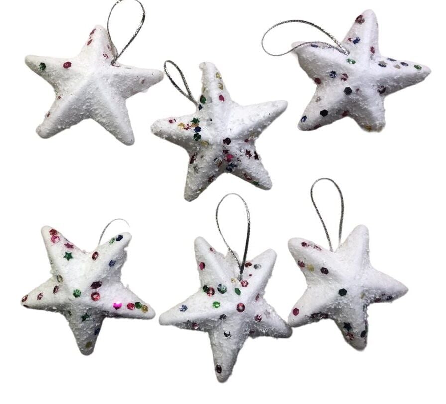 Yılbaşı Çam Ağacı Süsü Simli Beyaz Yıldız (6 Adet)