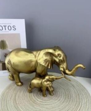 Dekoratif Gold Polyester Anne ve Yavru Fil Heykeli (17x28 cm)