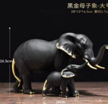 Siyah & Altın Anne-Yavru Fil Dekoratif Biblo (16.5 cm x 28 cm)
