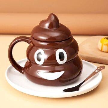Emoji Kaka Tasarım Kapaklı Seramik Kupa Bardak