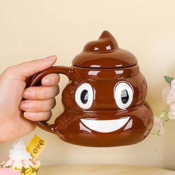 Emoji Kaka Tasarım Kapaklı Seramik Kupa Bardak