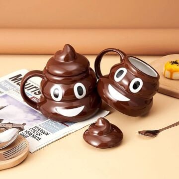 Emoji Kaka Tasarım Kapaklı Seramik Kupa Bardak