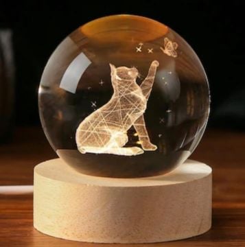 Dekoratif Ahşap Altlıklı Patili Kedi Işıklı Cam Küre (6 cm)