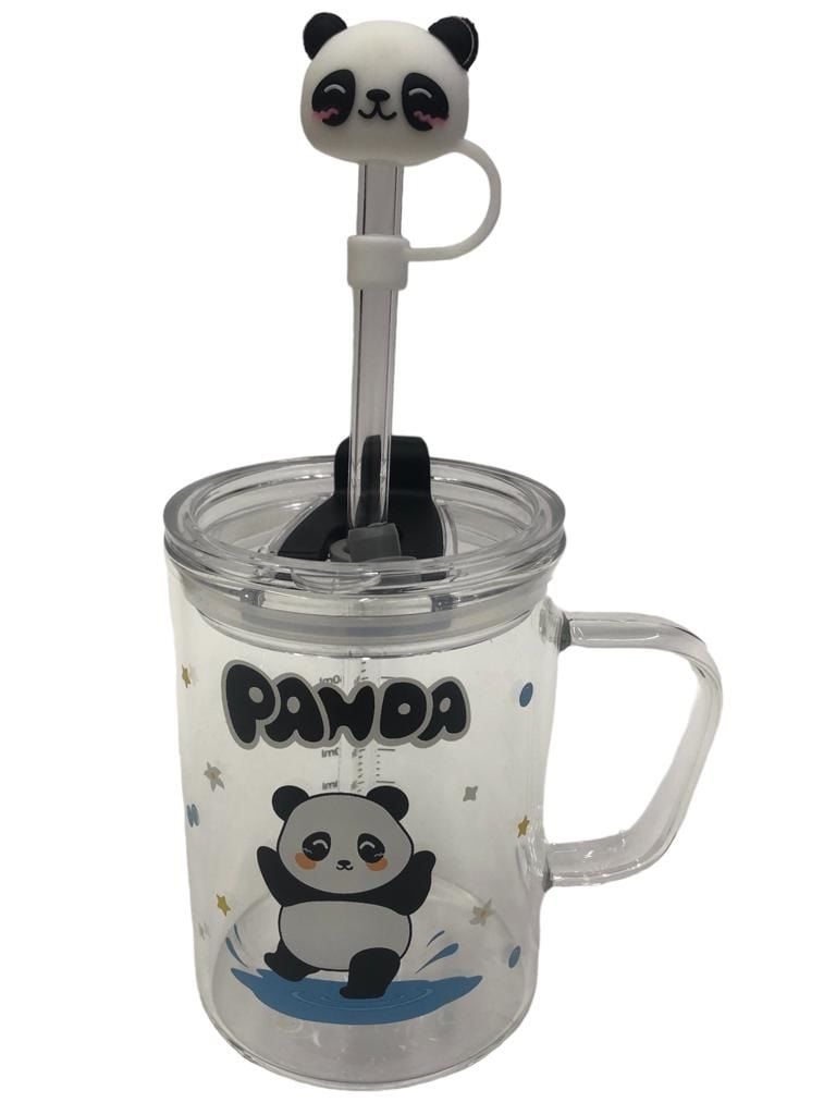 Cam Panda Tasarımlı Kapaklı Pipetli Kupa Bardak (350 Ml)