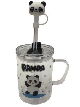 Cam Panda Tasarımlı Kapaklı Pipetli Kupa Bardak (350 Ml)
