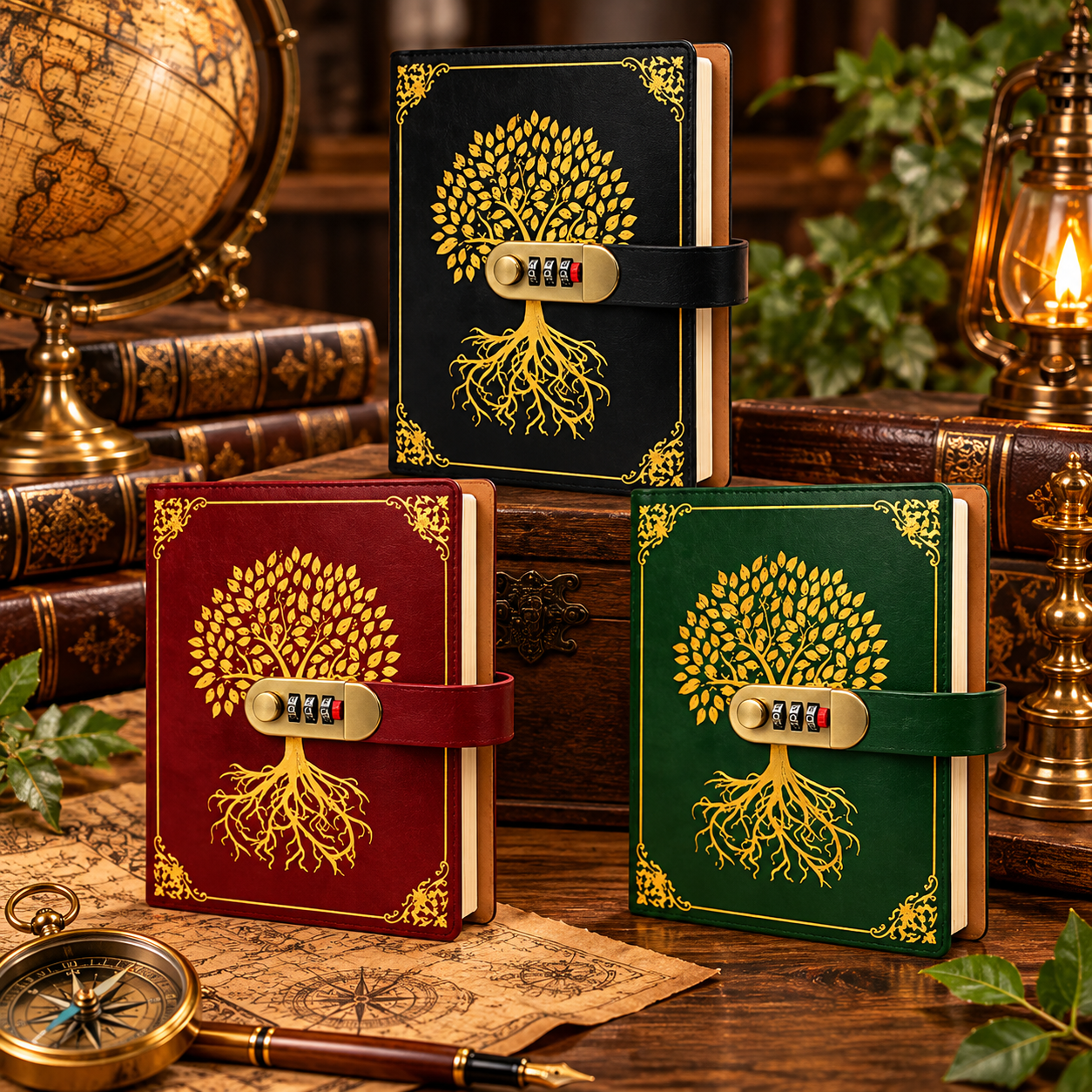 Şifreli Hayat Ağacı Desenli Deri Defter (22 CMX 15 CM)