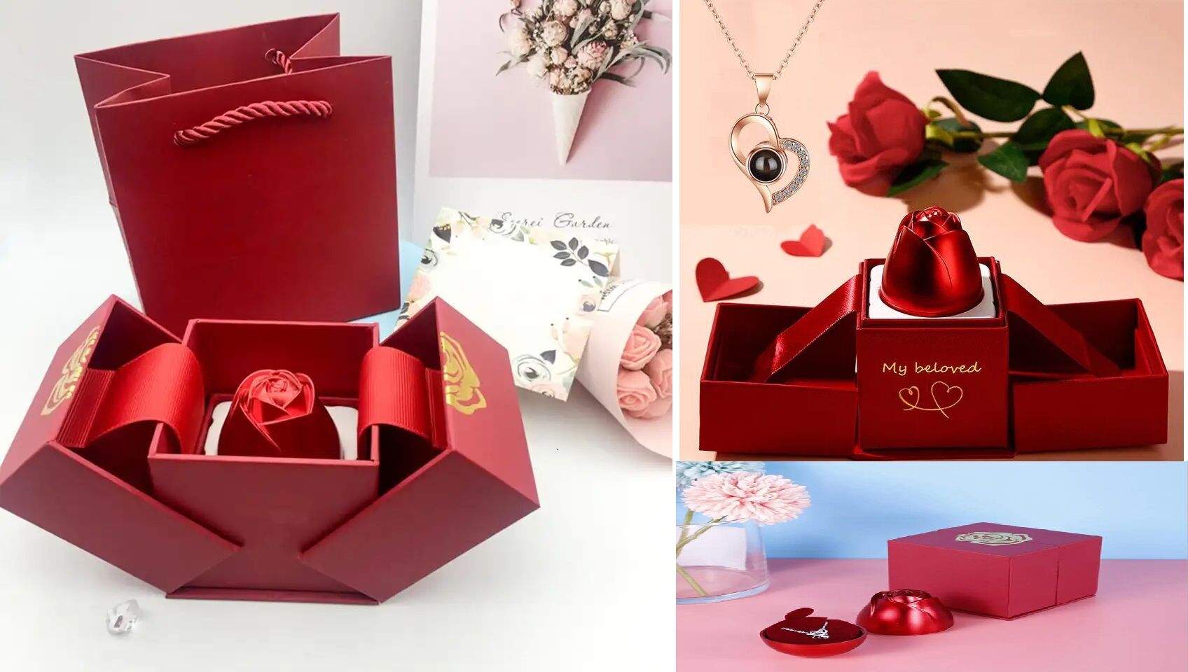 Sevgiliye Romantik Hediye Asansörlü Gül İçinde Mücevher Kutusu