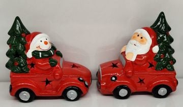 Işıklı Seramik Arabalı Noel Baba Kardan Adam Yılbaşı Hediye Biblosu