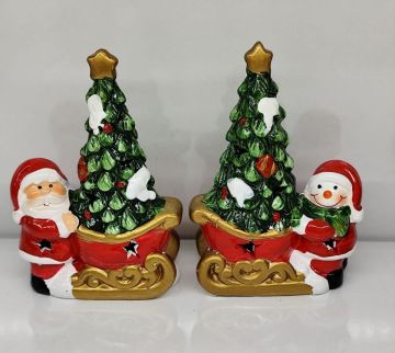 Işıklı Kızakta Çam Ağacı Noel Baba & Kardan Adam Hediye Seramik Biblo