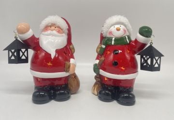 Işıklı Dekoratif Fenerli Noel Baba & Kardan Adam Yılbaşı Hediye Biblo