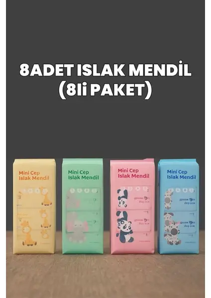 Sevimli Desenli Mini Cep Islak Mendil 8'li Paket