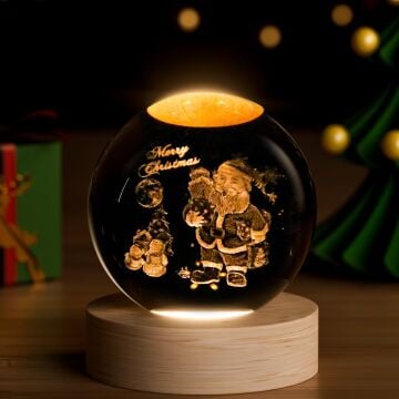 Dekoratif Noel Baba Tasarımlı Ahşap Altlıklı Işıklı Cam Küre (6 cm)