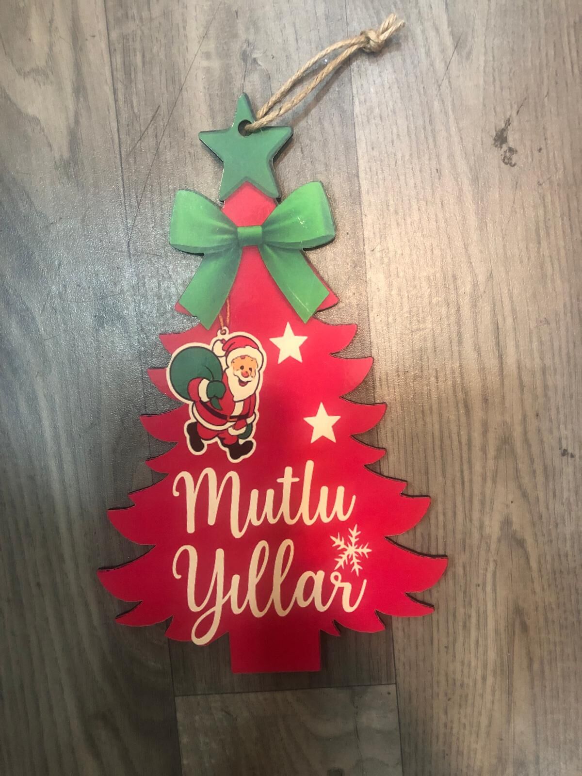 Ahşap Mutlu Yıllar Çam Ağacı Noel Baba Yılbaşı Kapı Duvar Süsü