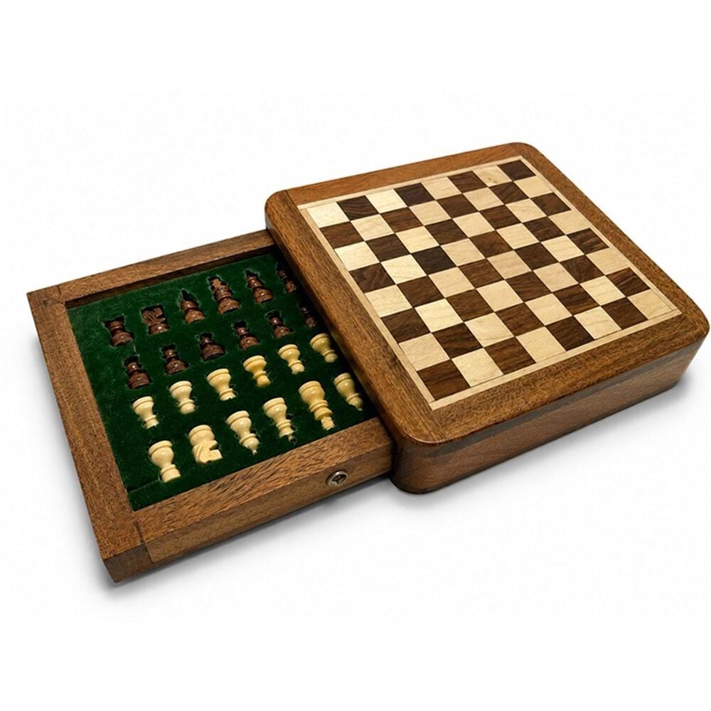 Çekmeceli Ahşap Kutulu Mıknatıslı Satranç Takımı (13cmx13cm)
