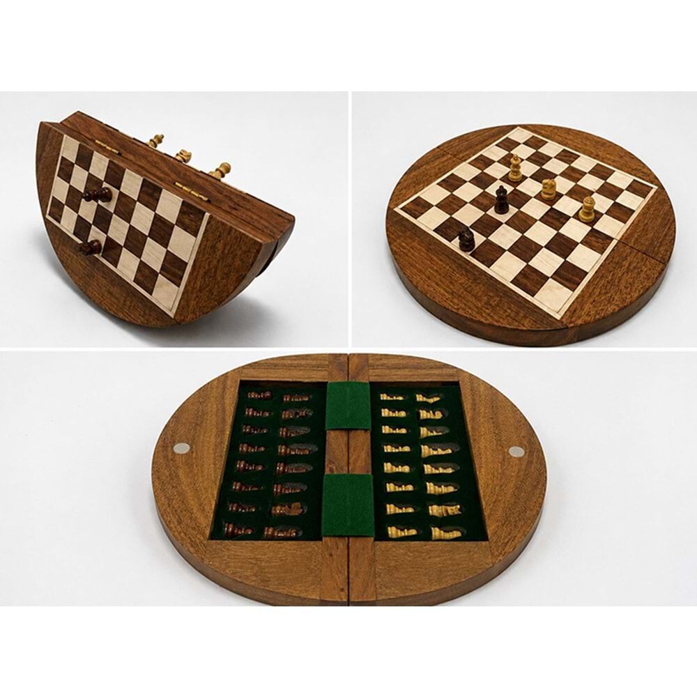 Yuvarlak Ahşap Kutulu Mıknatıslı Satranç Takımı (18cm)