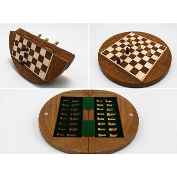 Yuvarlak Ahşap Kutulu Mıknatıslı Satranç Takımı (18cm)