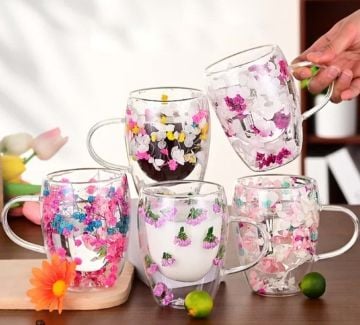 Orjinal Kurutulmuş Çiçekli Çift Camlı Kupa Bardak
