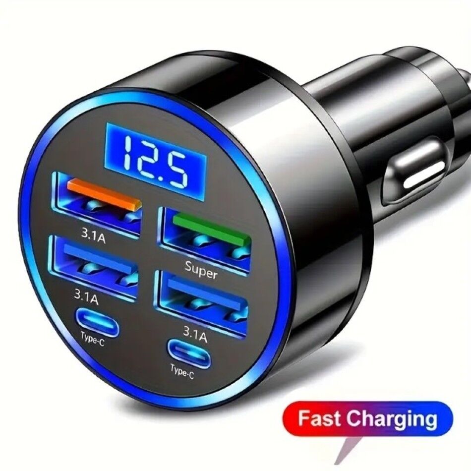 Dijital 6 Portlu Hızlı Araç Şarj Cihazı 4 USB-2 Type-C Çıkışlı