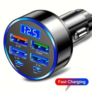 Dijital 6 Portlu Hızlı Araç Şarj Cihazı 4 USB-2 Type-C Çıkışlı