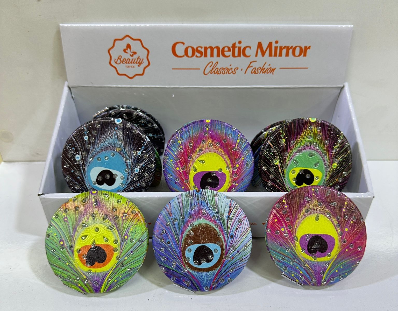 Taşlı Renkli Oval Dekor Tasarımlı Cep Makyaj Aynası (12 Adet)