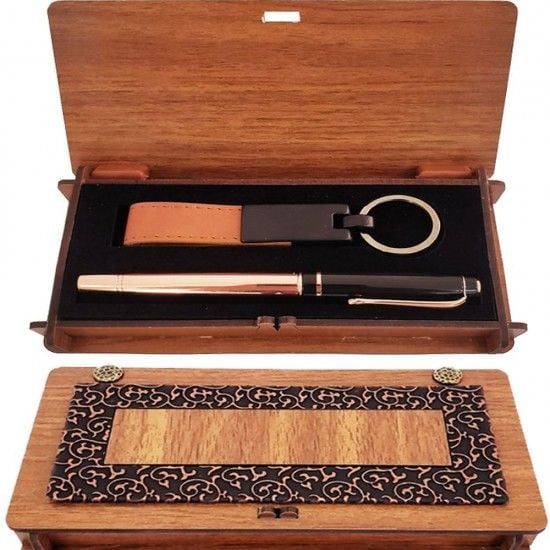 Ahşap Kutulu Bakır Roller Kalem Ve Taba Anahtarlık Hediye Seti