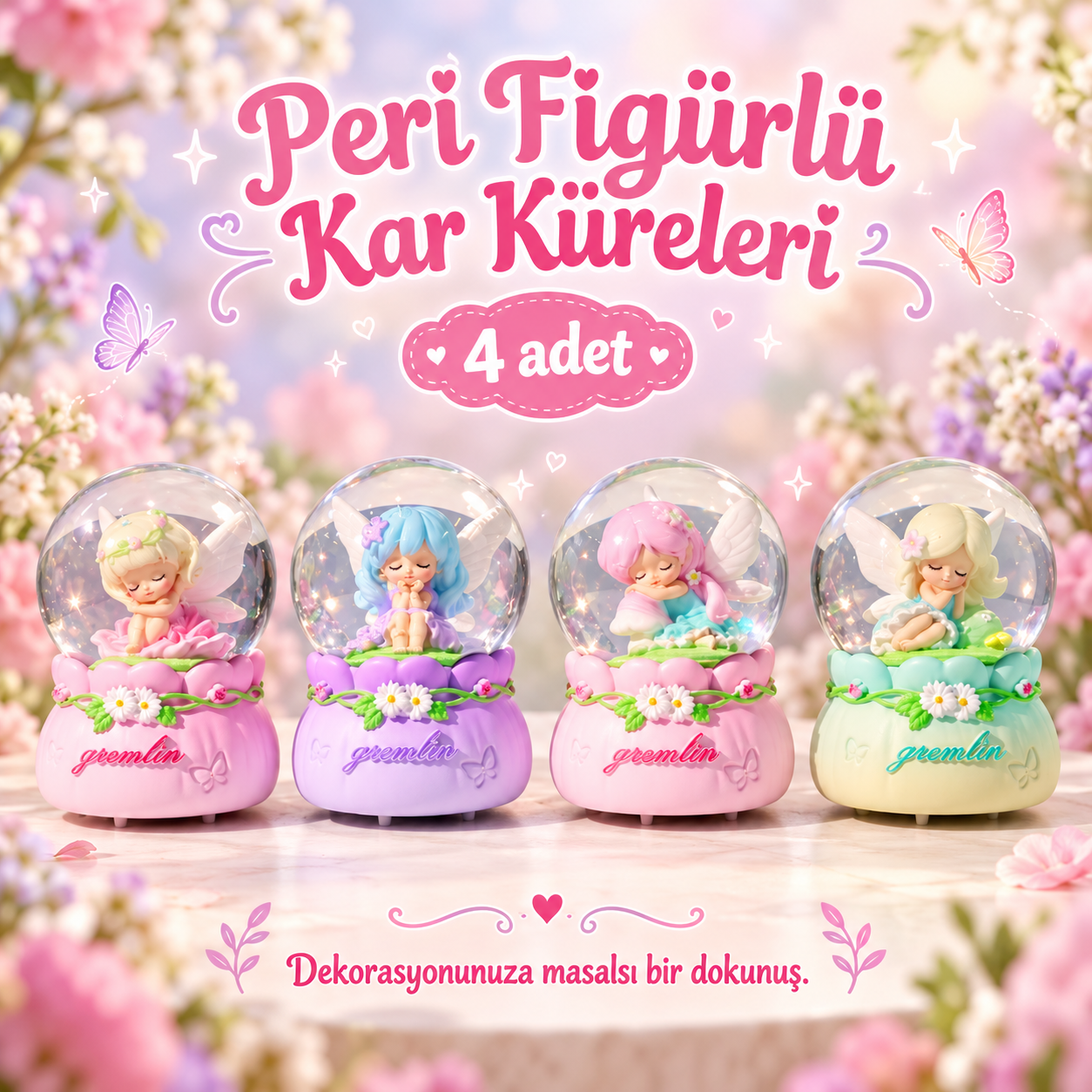 Sevimli Çiçek Perisi Kız Figürlü Pastel Renk Işıklı Kar Küresi Seti( 4 Adet)
