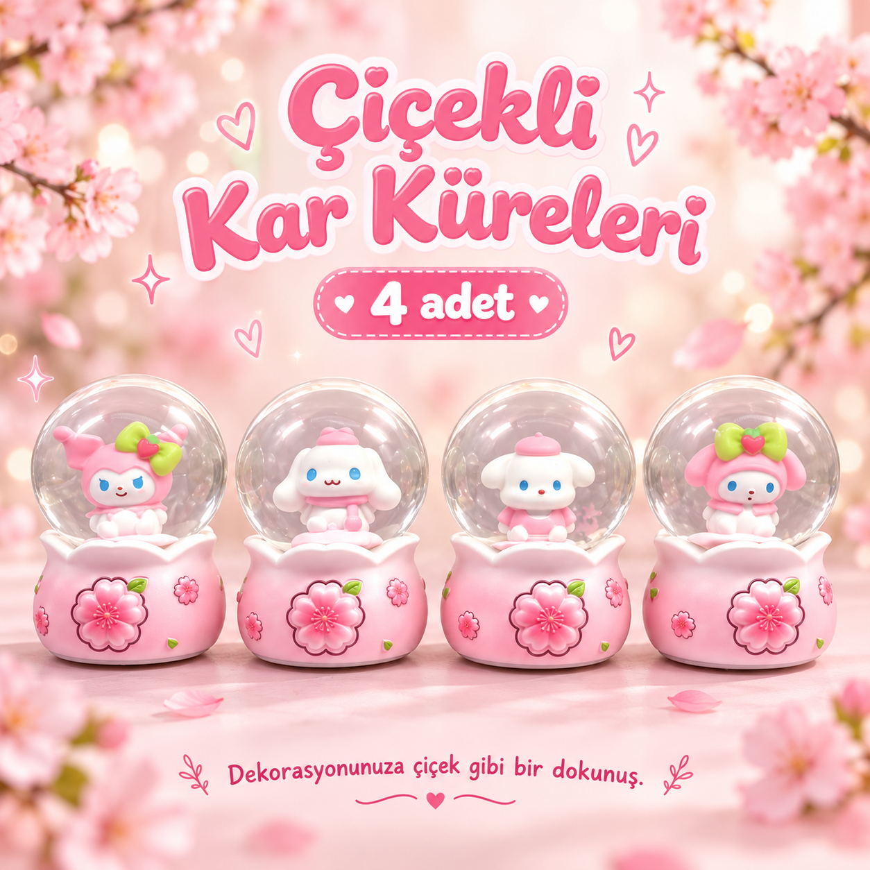 Sevimli Tavşan Ve Köpek Figürlü Sakura Çiçeği Temalı Işıklı Kar Küresi Seti (4 Adet)