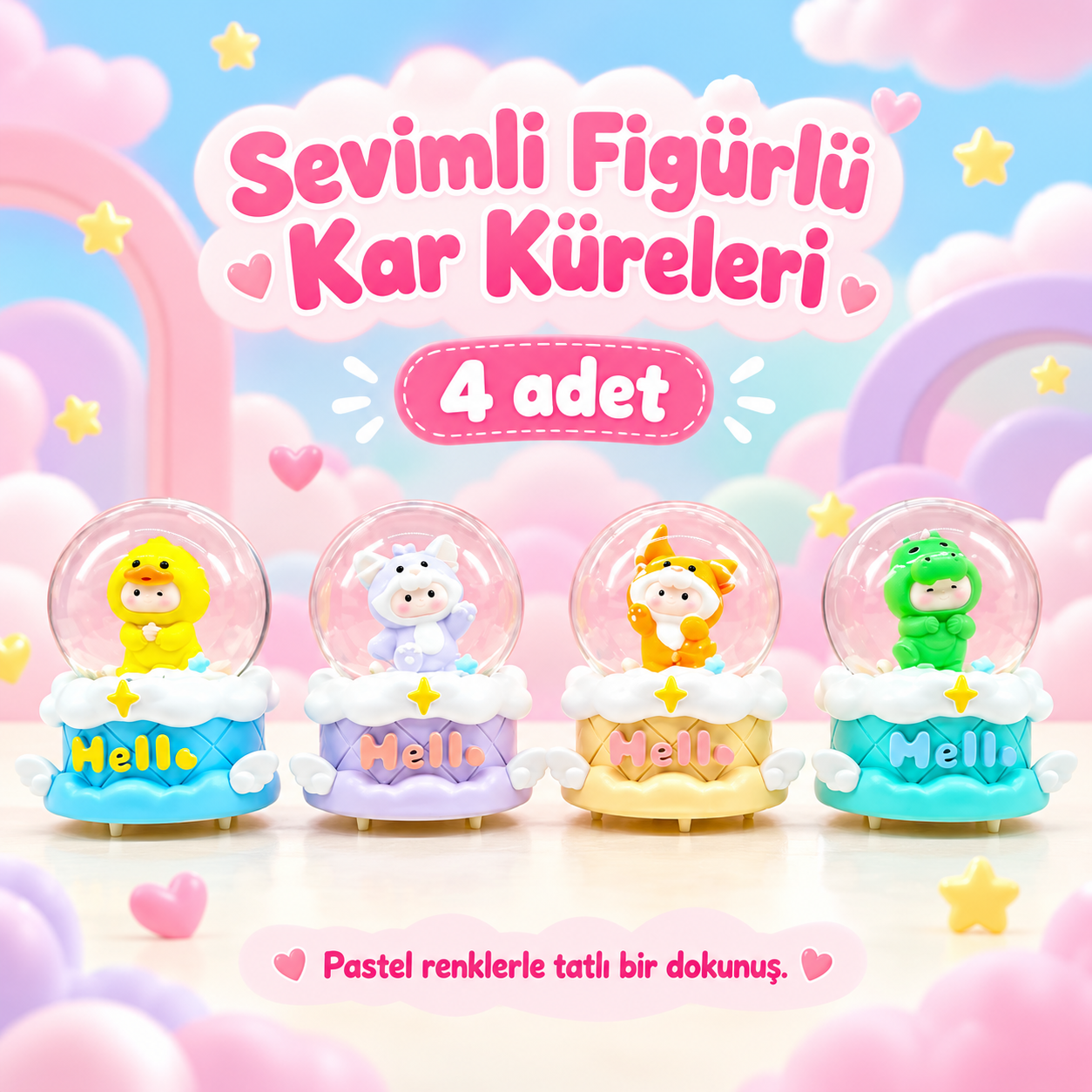 Sevimli Hayvan Kostümlü Şirin Bebek Figürlü Işıklı Kar Küresi Seti (4 Adet)
