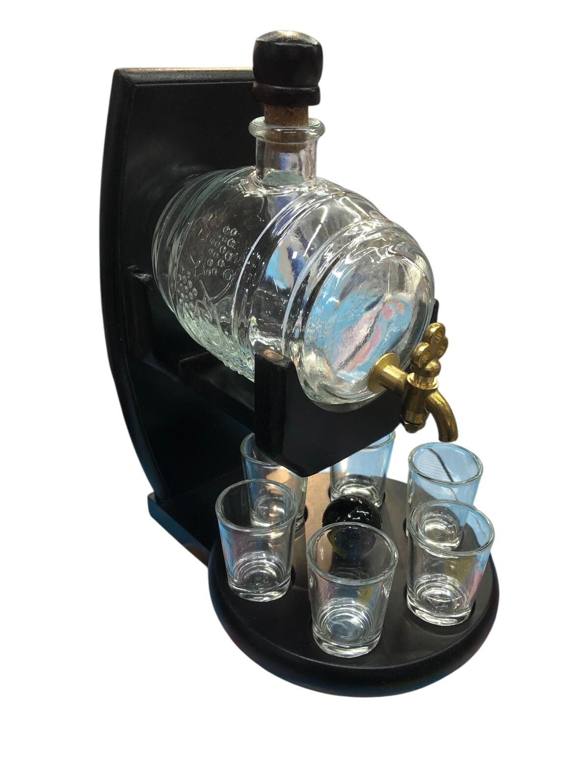 6 Shot Bardaklı Ahşap Standlı Musluklu Cam Fıçı İçecek Sunum Seti