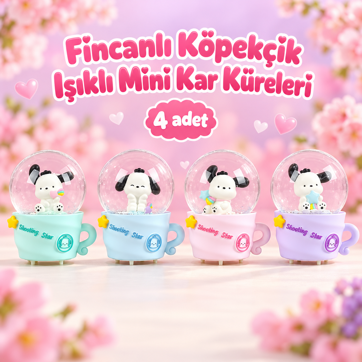 Sevimli Siyah Kulaklı Köpekçik Fincan Tabanlı Işıklı Mini Kar Küresi Seti (4 Adet)