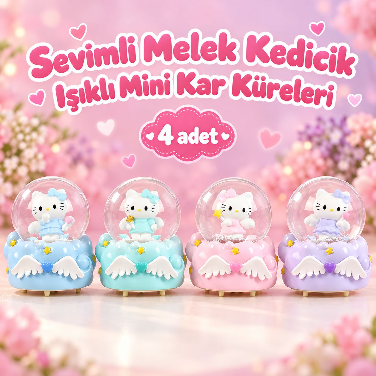Sevimli Melek Kanatlı Kedicik Figürlü Işıklı Mini Kar Küresi Seti (4 Adet)