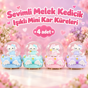 Sevimli Melek Kanatlı Kedicik Figürlü Işıklı Mini Kar Küresi Seti (4 Adet)