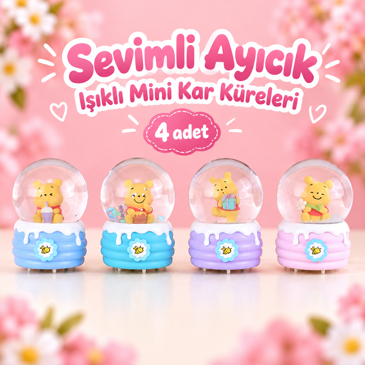 Sevimli Sarı Ayıcık Figürlü Arı Detaylı Işıklı Mini Kar Küresi Seti (4 Adet)